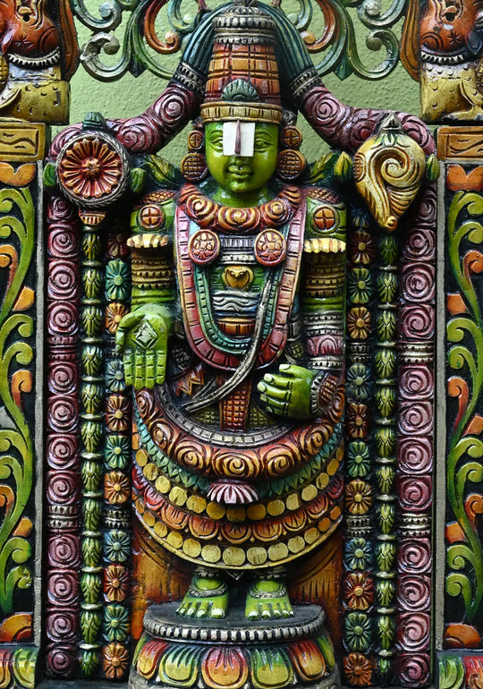 Wooden Statue of Lord Venkateswara, Finished in Vivid Colors 44.5"