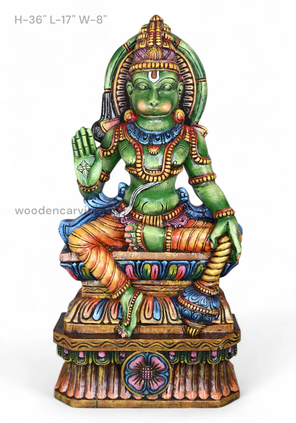 Wooden Sitting green Hanuman Holding Gada Sculpture 37"