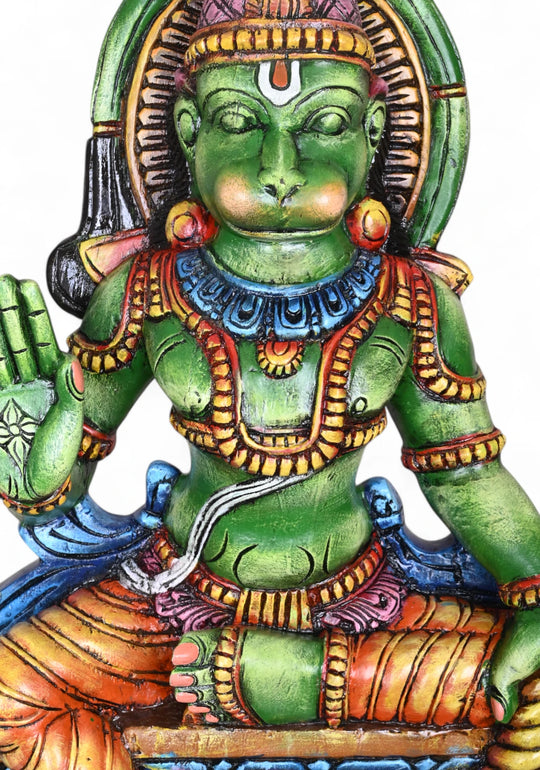 Wooden Sitting Green Hanuman Holding Gada Sculpture 37"