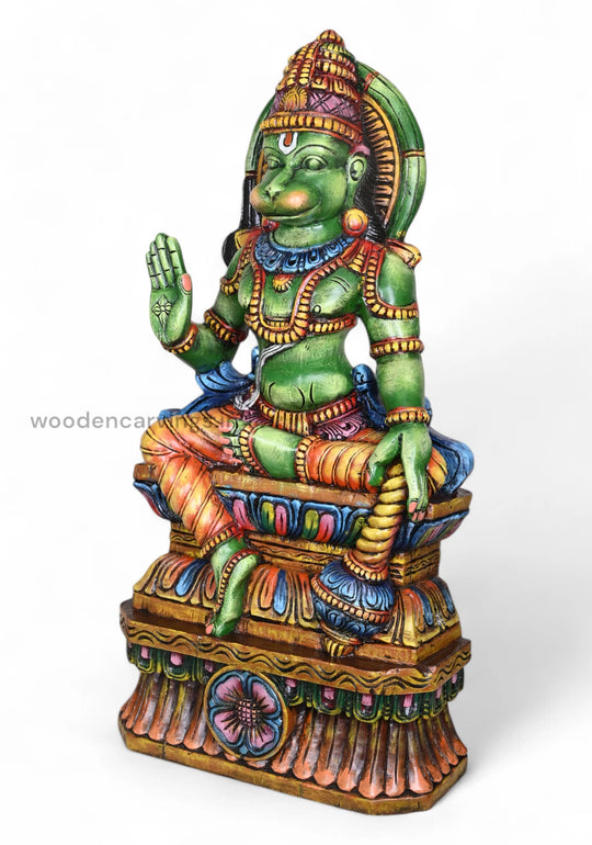 Wooden Sitting Green Hanuman Holding Gada Sculpture 37"