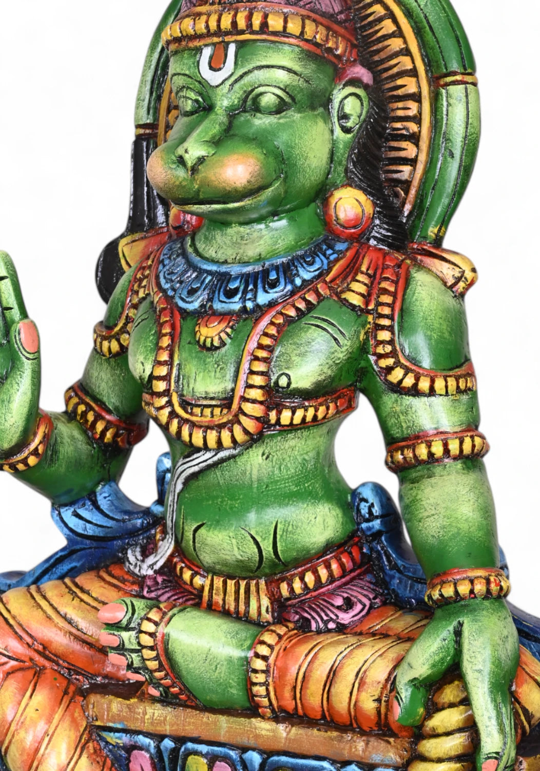 Wooden Sitting Green Hanuman Holding Gada Sculpture 37"