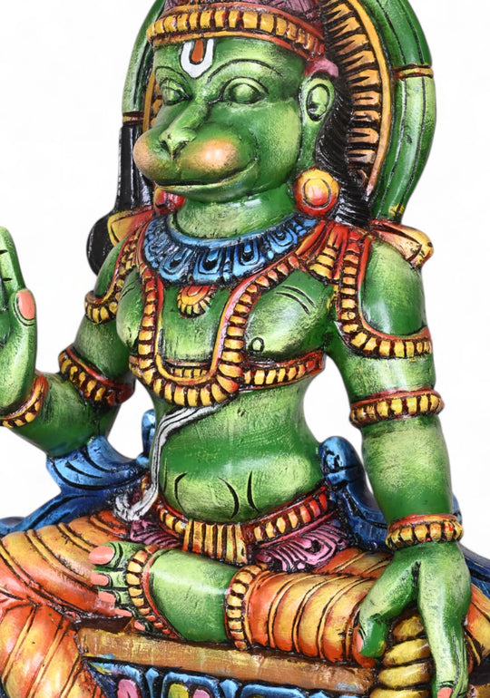 Wooden Sitting Green Hanuman Holding Gada Sculpture 37"