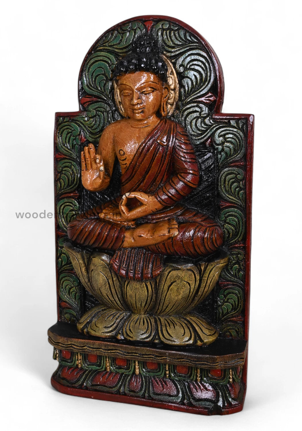 Wooden Lord Buddha in Vitarka Mudra with Carved Bodhi Tree – 18"