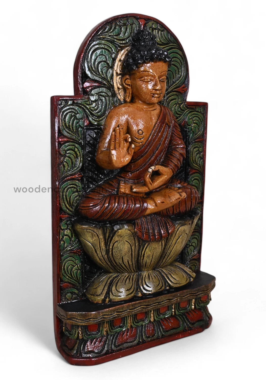 Wooden Lord Buddha in Vitarka Mudra with Carved Bodhi Tree – 18"