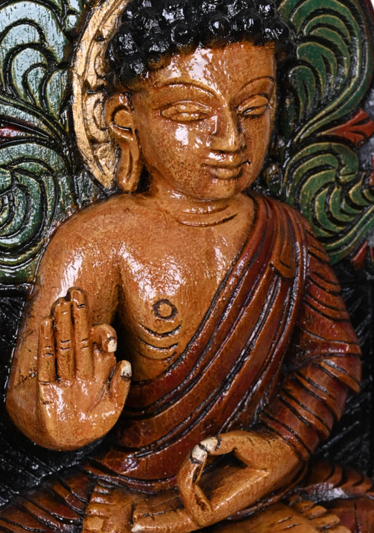 Wooden Lord Buddha in Vitarka Mudra with Carved Bodhi Tree – 18"