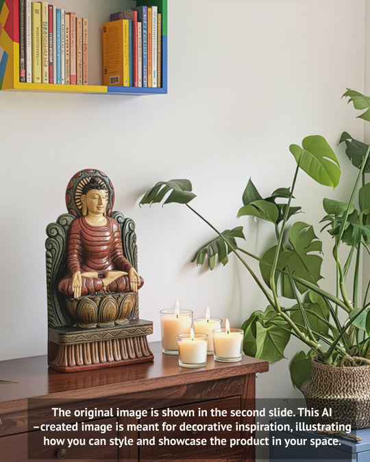 Lord Buddha Calmly Seated on Petal Lotus Bhumisparsha Mudra Handcrafted Wooden Light Weight Sculpture 18"