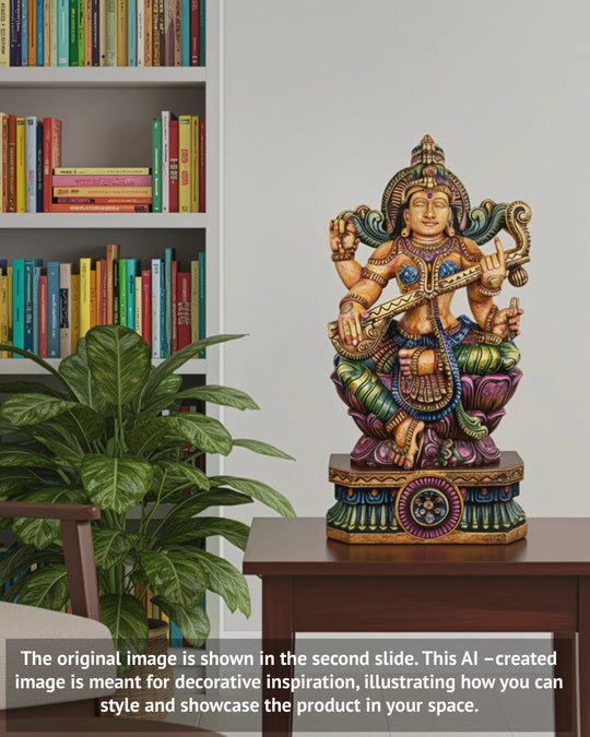 Abundance of Wealth - Goddess Saraswathi Wooden Sculpture, 36"