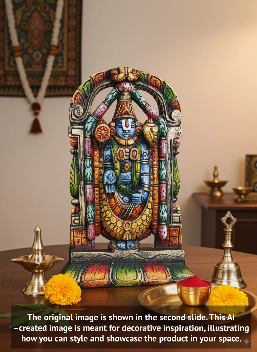 Tirumala Srinivasa Balaji Standing Wooden Sculpture 14"