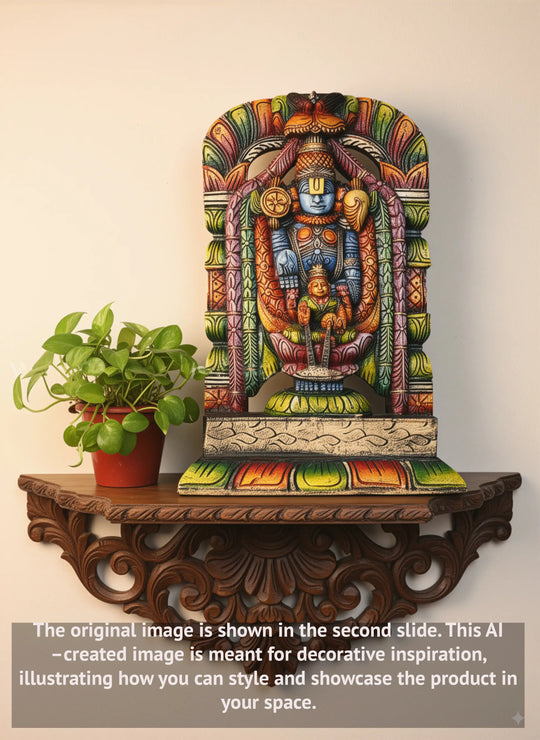 Multicoloured Venkateshwara Balaji with Goddess Lakshmi Wooden Sculpture 22"