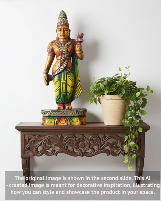 12" Goddess Lakshmi Standing on Beedam and Holding Lotus wood Sculpture
