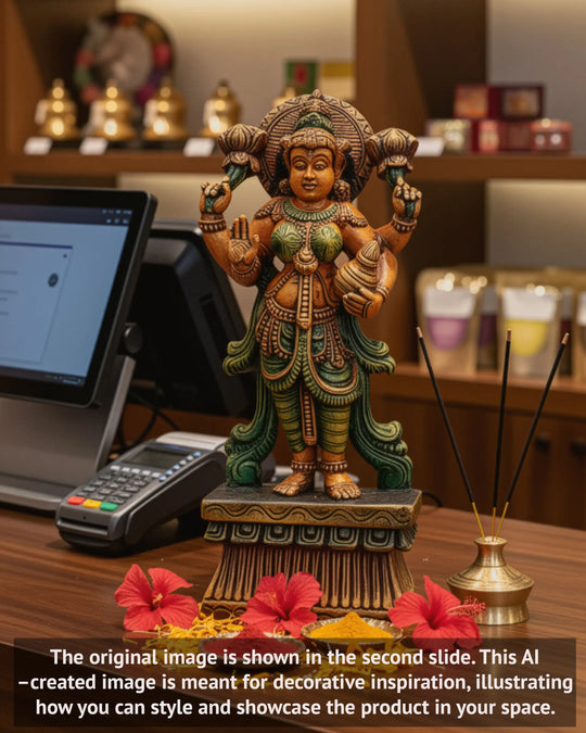Standing Goddess MahaLakshmi wooden statue 18"