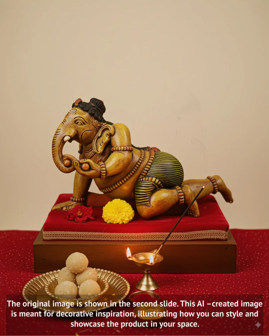 Baby Ganesh Crawling & Eating Mothak wooden statue 18"