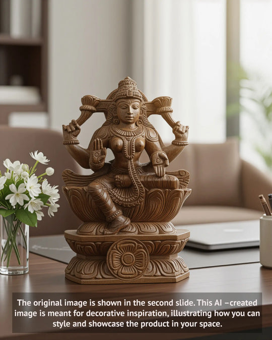 Wood Goddess Wealthy Lakshmi Sculpture 12"