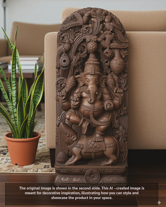 Dancing Ganesha on Rat Jali Wooden Wall Mount – 36" Handcrafted Sculpture
