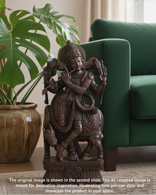 Wooden Govindha Krishna With His Favourite Animal Cow Relaxly Stand and Playing Flute Wooden Sculpture 48"