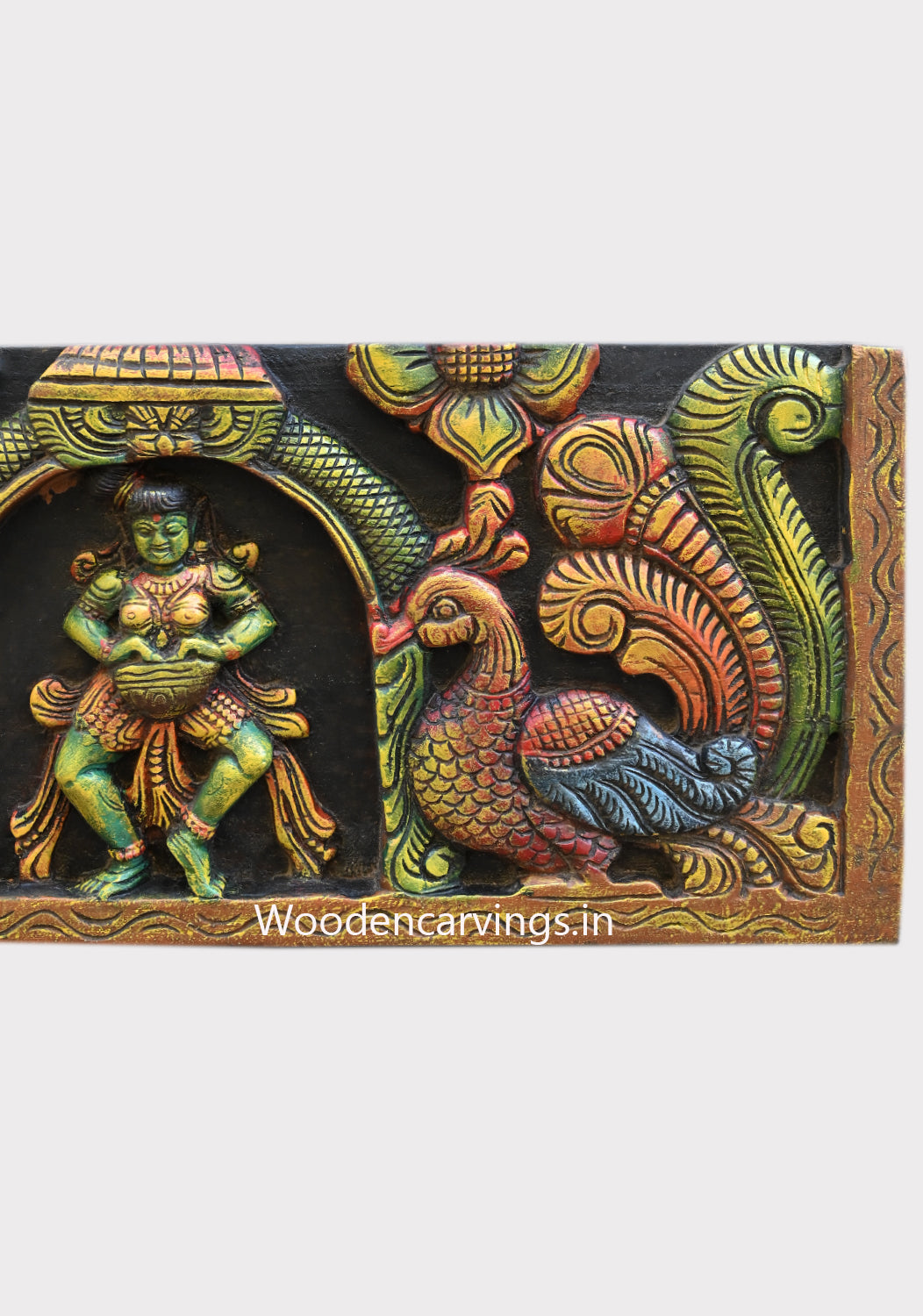 Wooden Horizontal Musical Lord Ganesh With Dancing Apsaras Multicoloured Wooden Wall Panel 72"