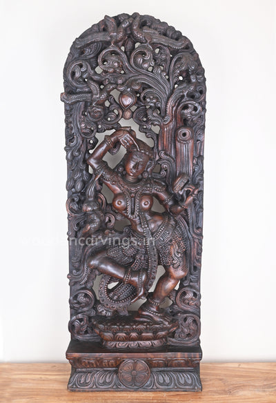 Statue of Stunning Gorgeous Apsara Wear Bindi Holding Mirror Standing Wooden Sculpture 48"