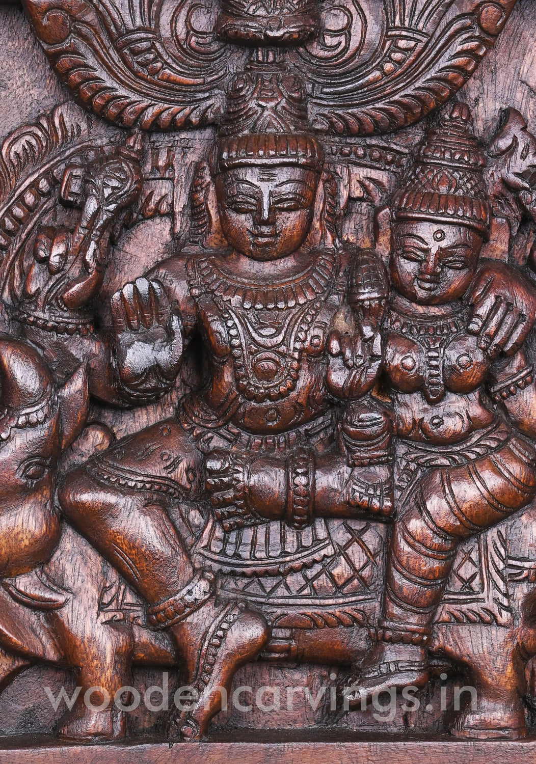 Lord Mahadev with His Consort Devi Parvathi Seated on Wooden Cow Entrance Decor Wall Mount 12"