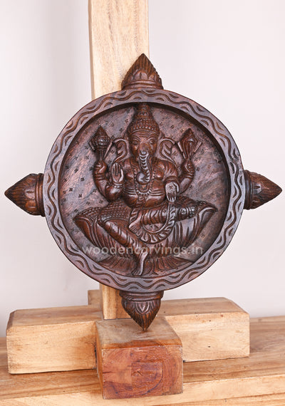 Round Petal Design Lord Ganesh Decorative Pooja Room Decor Wooden Wax Brown Wall Mount 17"