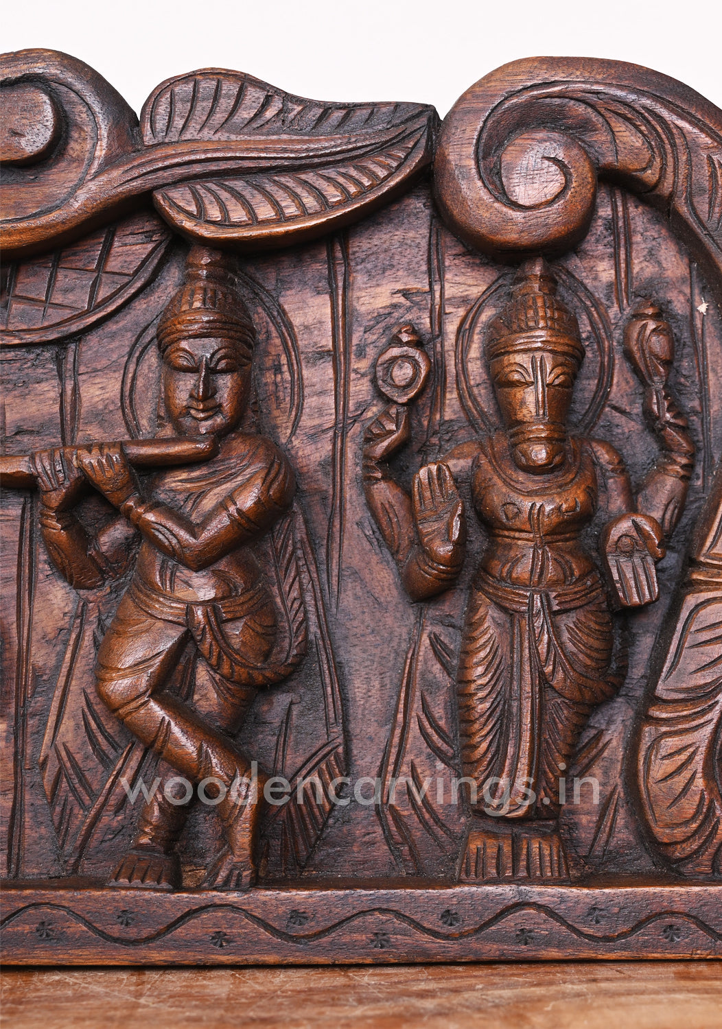Wooden Mahavishnu Ten Powerful Avatars Save People From Evils Horizontal Wax Brown Wall Panel 48"