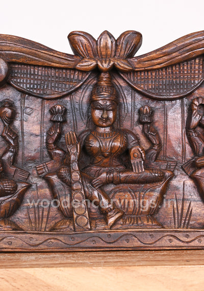 Hamsa Design Lord Ganesh, Goddess Lakshmi, Goddess Saraswathi Horizontal Wax Brown Wooden Panel 48"
