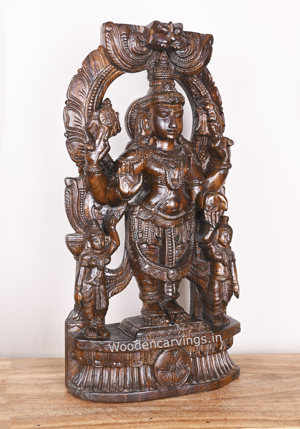 Wooden Arch Maha Vishnu Holding Ayuthas For Evils Polished Standing Handmade Sculpture 24"