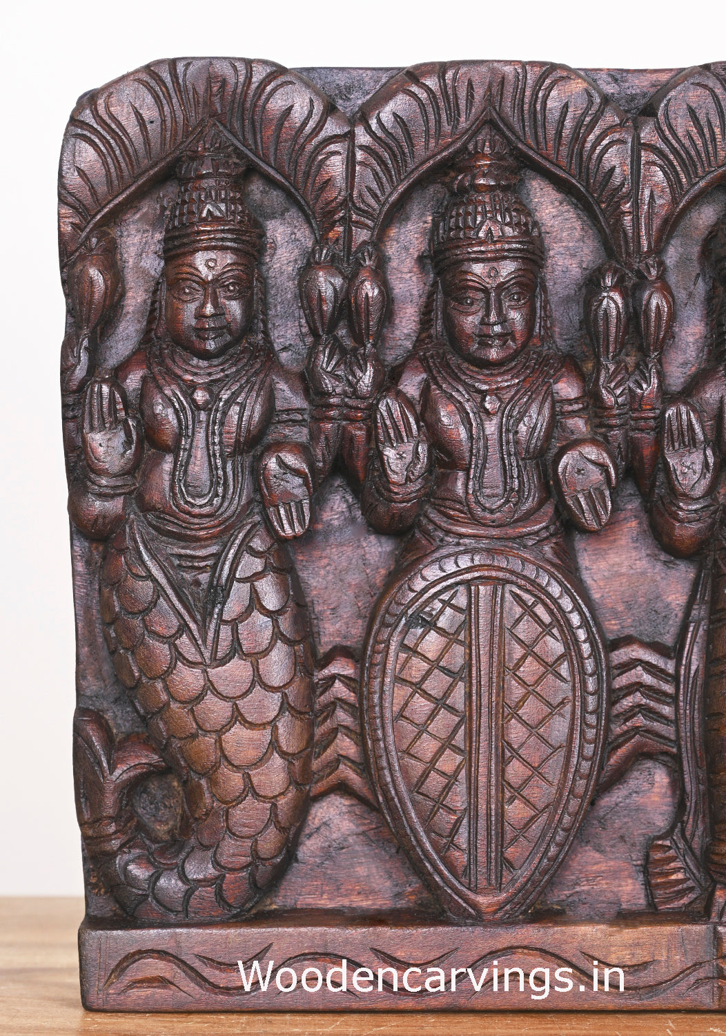 Wooden Maha Vishnu Ten Powerful Avatars For Destroy Bad Evils Hooks Fixed Horizontal Panel 38"