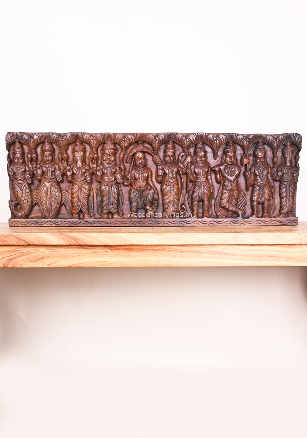 Wooden Horizontal Lord Vishnu Standing Powerful Dasavatars Horizontal Wax Brown Wooden Panel 37"
