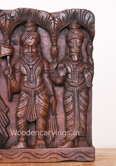 Wooden Horizontal Lord Vishnu Standing Powerful Dasavatars Horizontal Wax Brown Wooden Panel 37"