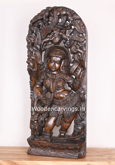 Wooden Attractive Standing Gorgeous Apsara Holding Mirror For Wear bindi Jali Work Wall Mount 37"