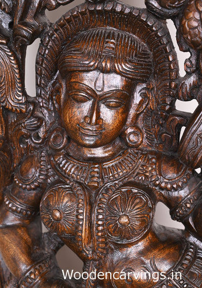 Wooden Attractive Standing Gorgeous Apsara Holding Mirror For Wear bindi Jali Work Wall Mount 37"