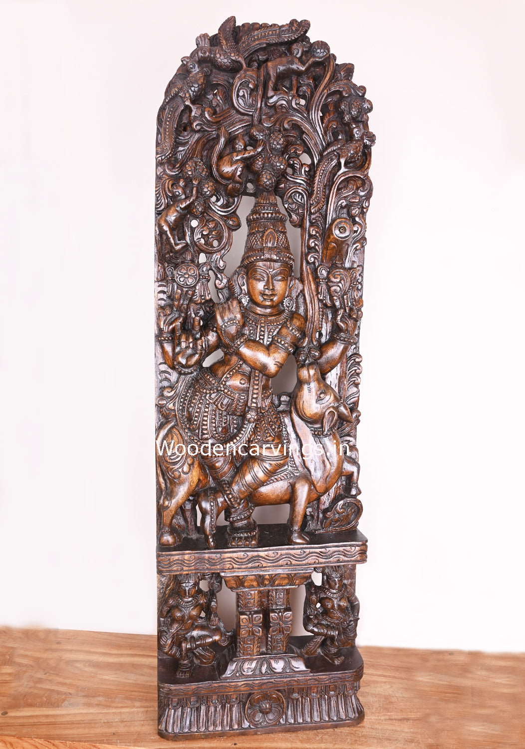 Standing With Cow Lord Krishna Palying With Flute Wooden Polished Handmade Jali Work 48"