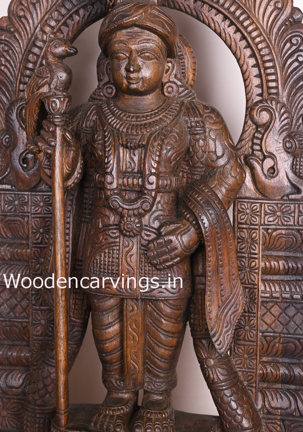 Standing Subrahmanya Muruga Holding Velayutha Arch Handmade Auspicious Wooden Sculpture 25"