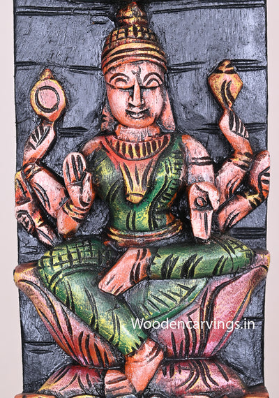 Detaily Carved Vertical Entrance and Door Decor Auspicious Astalakshmi Multicoloured Wooden Wall Panel 48"