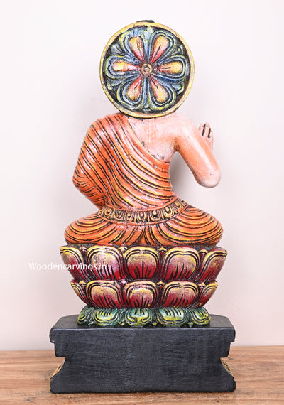 Colourful Gauthama Buddhar Blessing Brown Lotus Handcrafted Wooden Home Decor Sculpture 25"