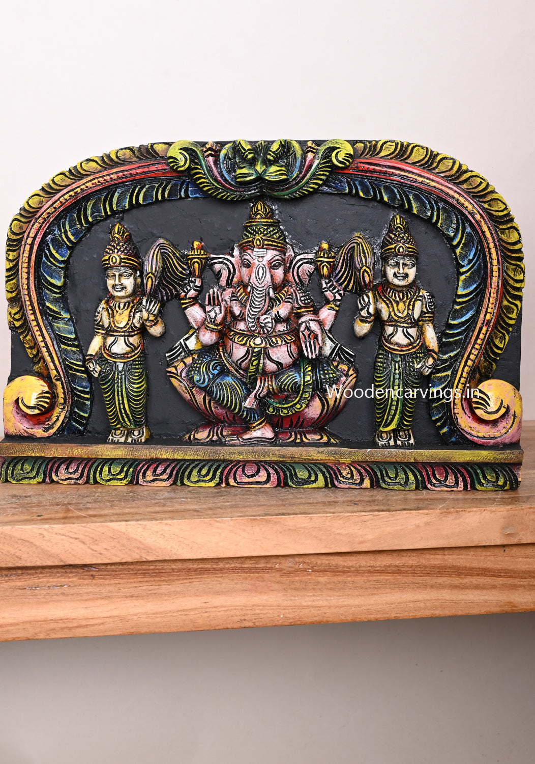 Arch Floral Design Lord Ganesh With Two Sevagars Light Weight Multicoloured Wooden Wall Mount 18.5"