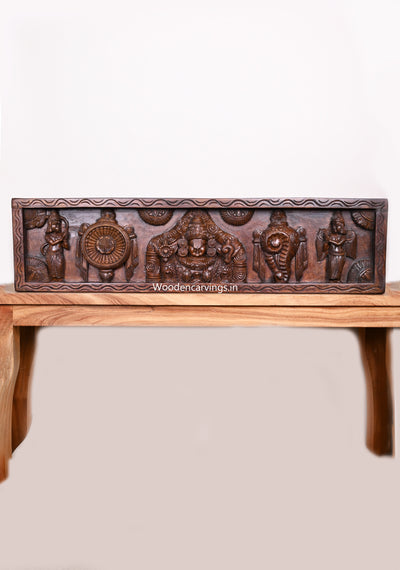 Dark Polished Detaily Carved Wooden Lord Balaji With Lord Garuda, Lord Hanuman Horizontal Wall Panel 42"