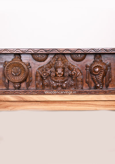 Dark Polished Detaily Carved Wooden Lord Balaji With Lord Garuda, Lord Hanuman Horizontal Wall Panel 42"