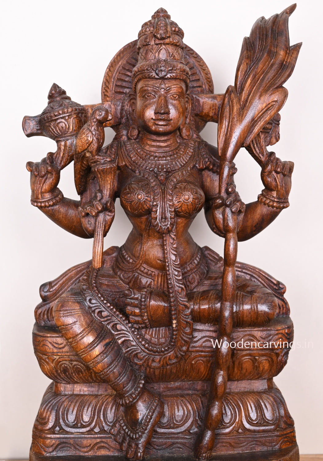 Avatar of Parvathi Goddess Meenakshi Holding Preety Parrot Wooden Handmade Sculpture 24"