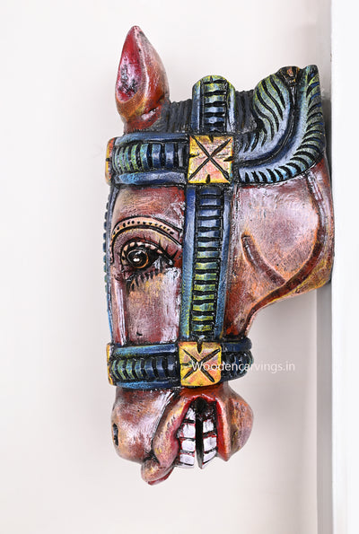 Multicoloured Wooden Horse Mask For Entrance and Door Decoration Light Weight Hooks Fixed Wall Mount 14"