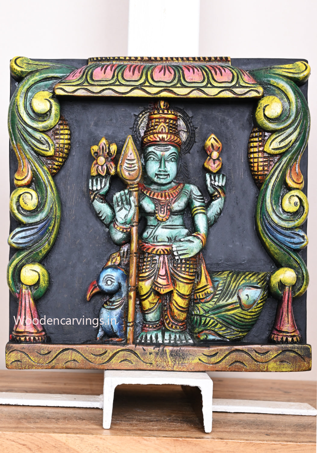 Wooden Green Standing Lord Murugar Holding Velayutha Blessing Light Weight Wooden Wall Mount 12"