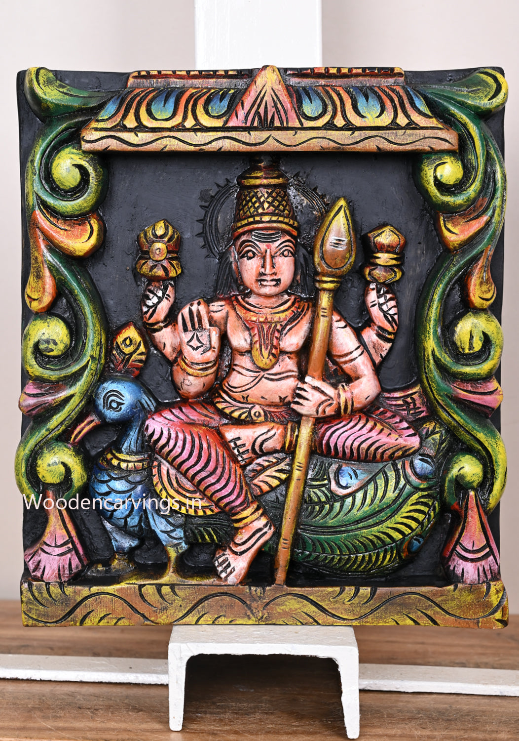 Lord Muruga Seated on Painting Preety Peacock Square Wooden Vaagai Handmade Home Decor Wall Mount 12"