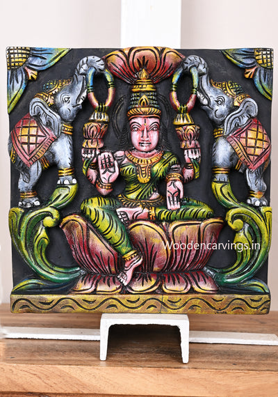Wooden Goddess Green Gaja Lakshmi Colourfully Seated on Lotus Wooden Square Hooks Fixed Wall Mount 12"