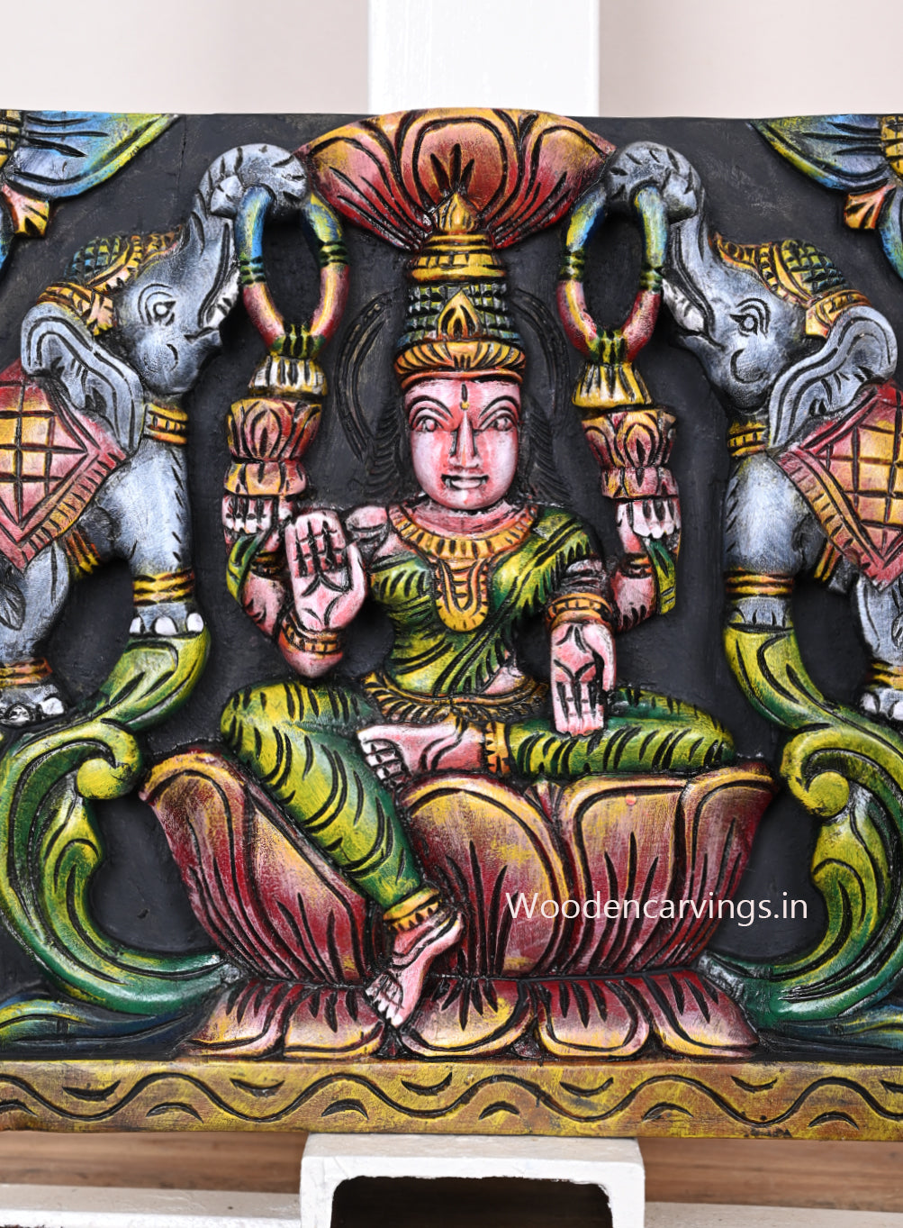 Wooden Goddess Green Gaja Lakshmi Colourfully Seated on Lotus Wooden Square Hooks Fixed Wall Mount 12"