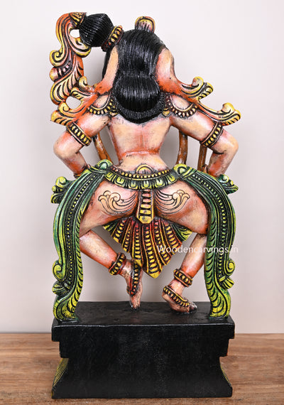Wooden Light Weight Handmade Light Orange Apsara Holding Tabla Standing Vaagai Wood Sculpture 25"