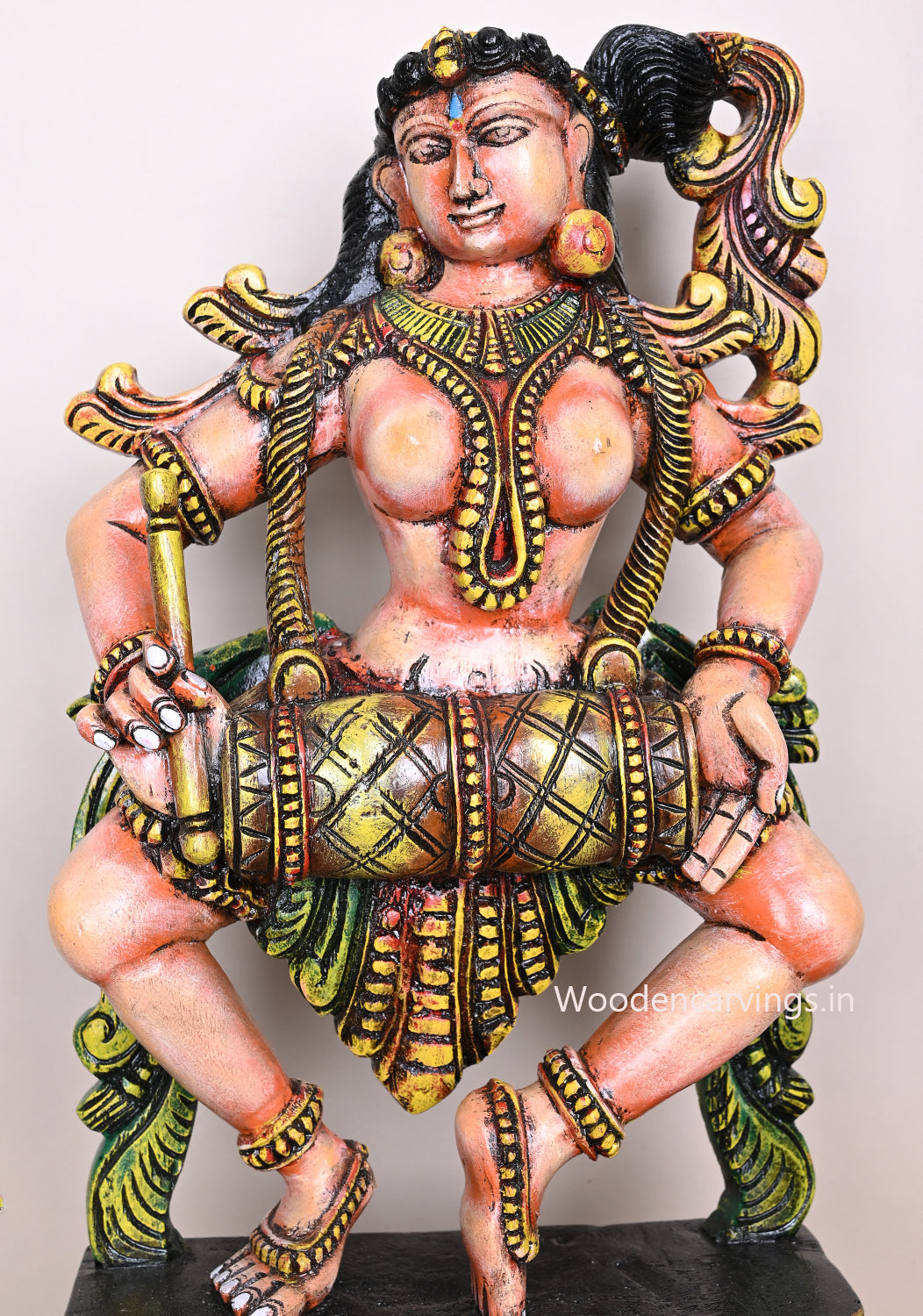 Wooden Light Weight Handmade Light Orange Apsara Holding Tabla Standing Vaagai Wood Sculpture 25"