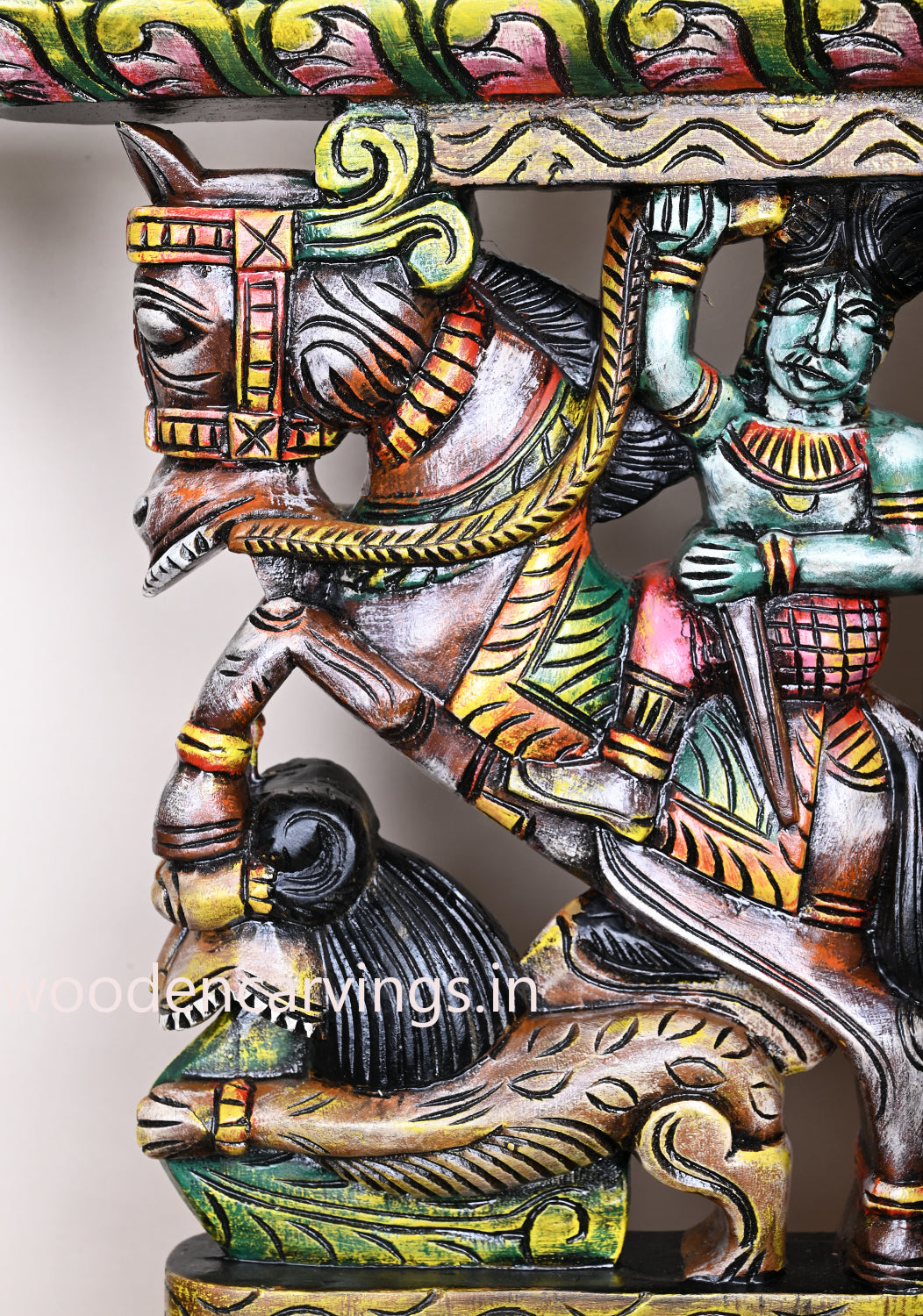 Colourful Wooden Handmade Man Riding on Horse Upraised Legs With Paired Yaazhi Hooks Fixed Brackets 24"