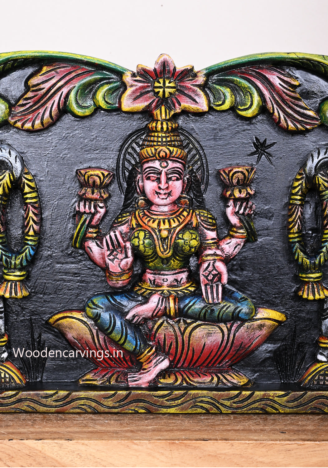 Gaja Lakshmi With Sevagar Ladies Standing Voilet Coloured Hamsa Horizontal Multicoloured Wooden Wall Panel 49"