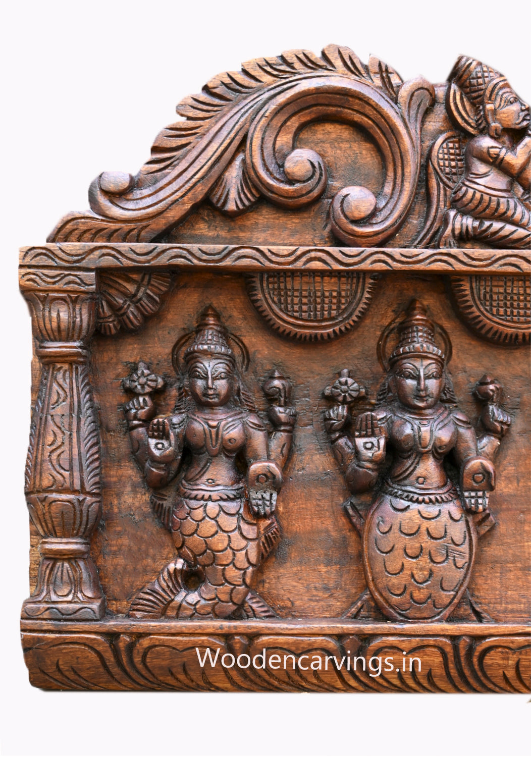 Decorative Maha Vishnu Dasavatar Horizontal Wax Brown Finishing Chank Nama Chakra Wooden Wall Panel 48"