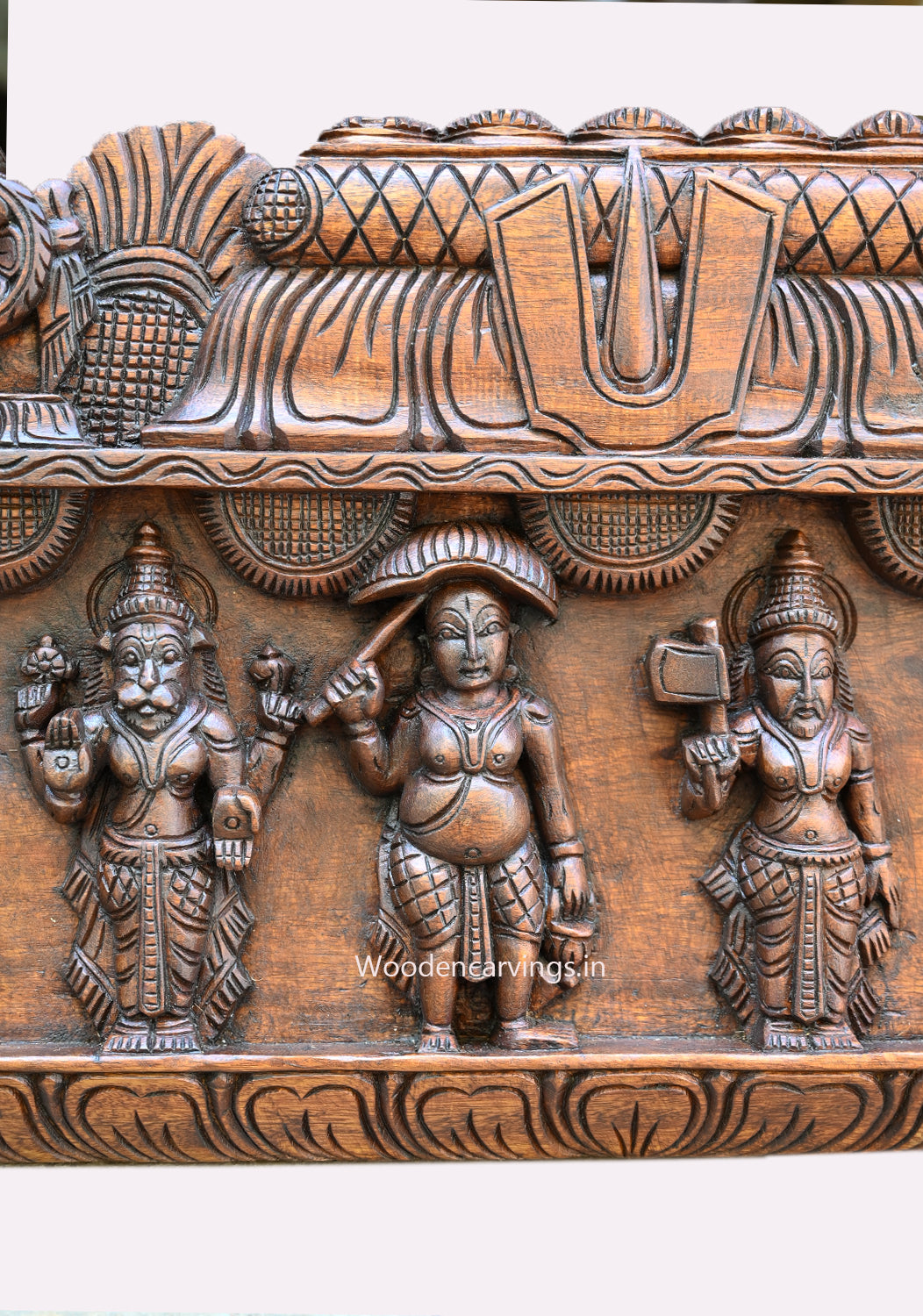 Decorative Maha Vishnu Dasavatar Horizontal Wax Brown Finishing Chank Nama Chakra Wooden Wall Panel 48"